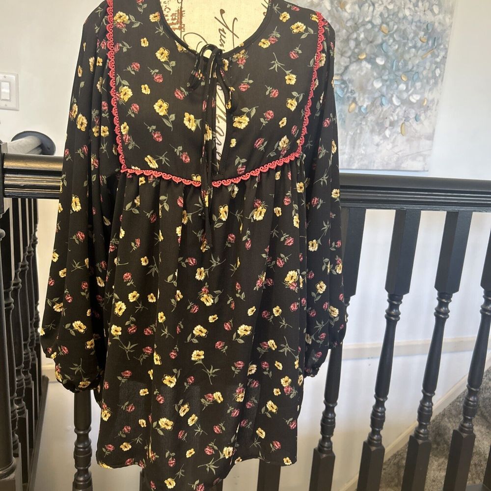 CY‎ Fashion M Womens Floral Peasant  Boho Blouse Womans Top Flowy Black XL